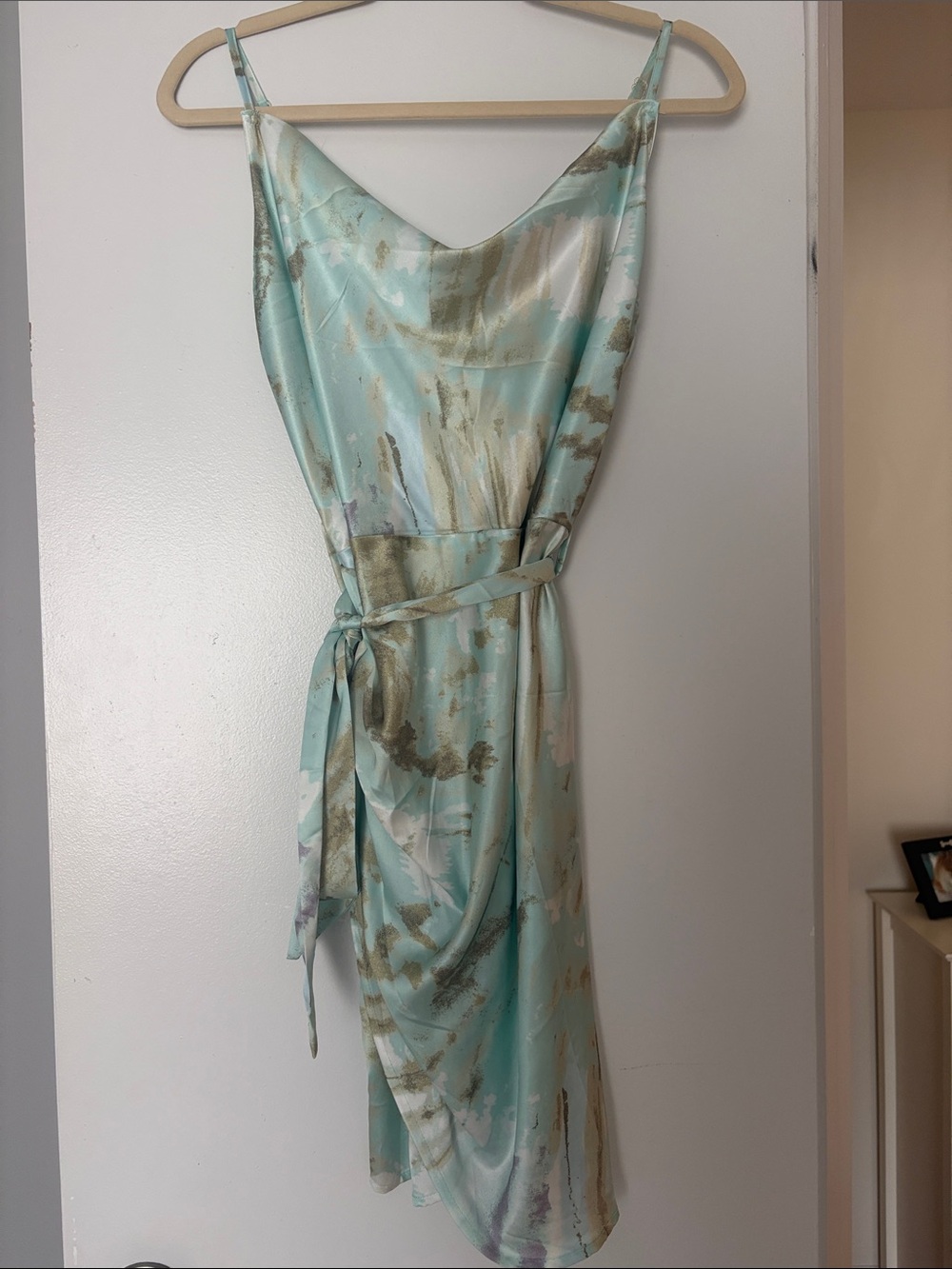 Satin Cowl Neck Slip Dress in Aqua Print